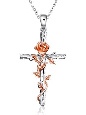 Sterling Silver Cross Necklace with Birth Flower Pendant - Religious Jewelry